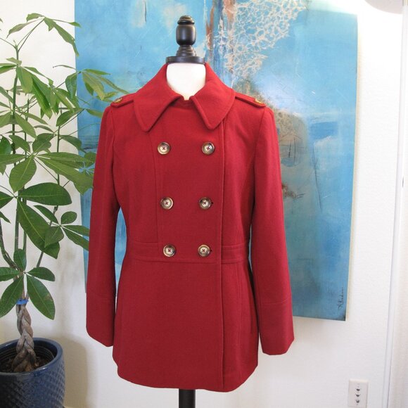MICHAEL KORS Red Wool Blend Pea Coat - Picture 1 of 10
